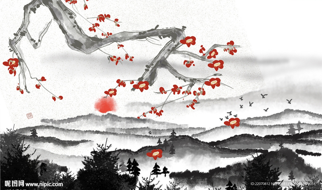 清新简洁水墨山水花枝背景墙