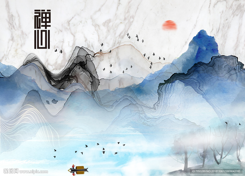 新中式水墨山水背景墙