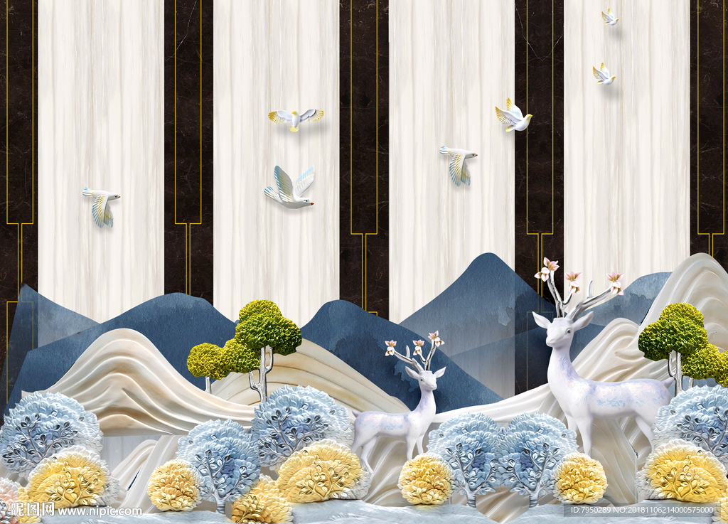 新中式花鸟水墨山水背景墙