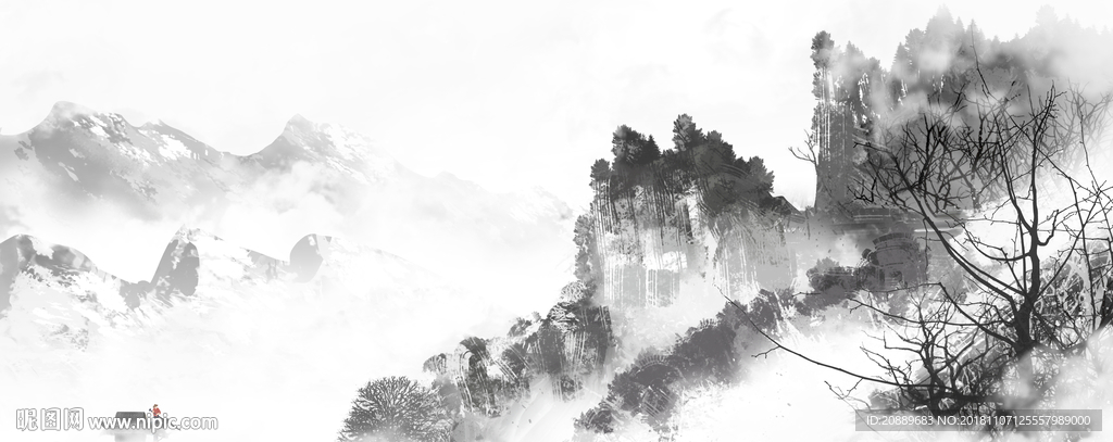 水墨 风景 水彩 插画 水彩画