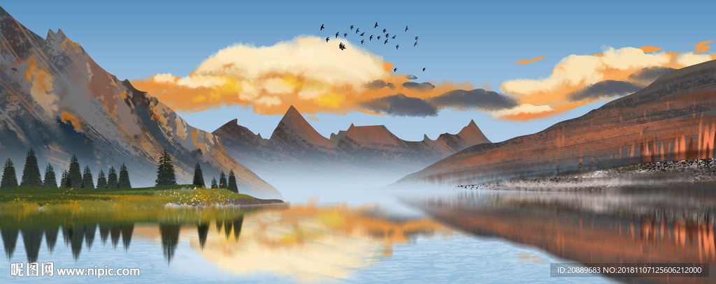 水墨 风景 水彩 插画 水彩画