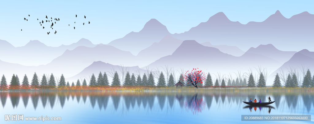 水墨 风景 水彩 插画 水彩画