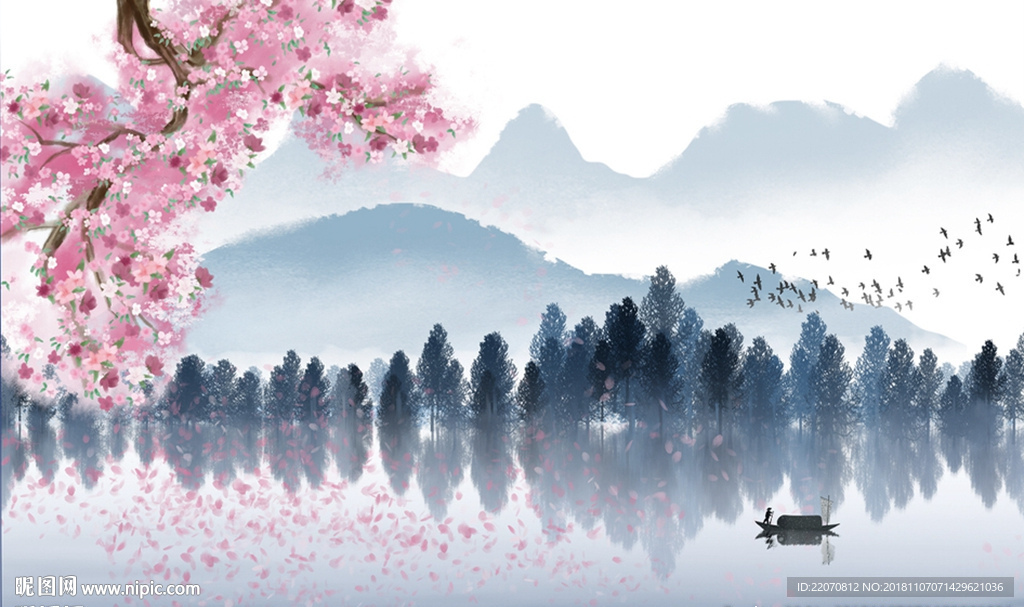 清新淡雅花枝山水背景墙