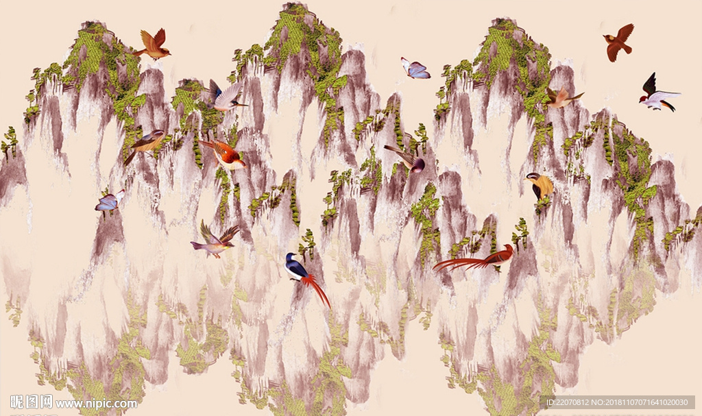 新中式鸟群山背景墙