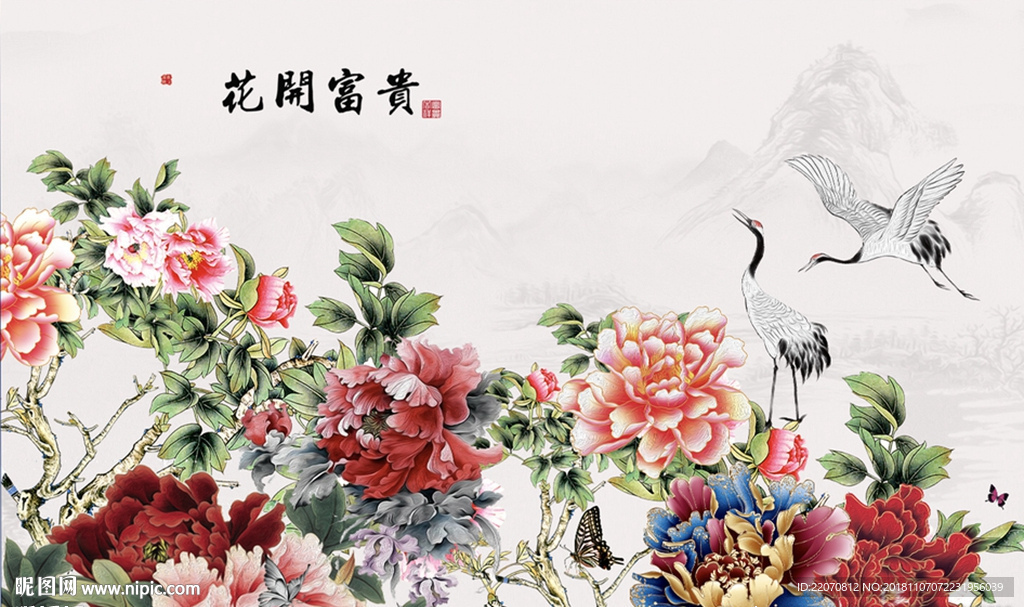 国色天香牡丹国画背景墙