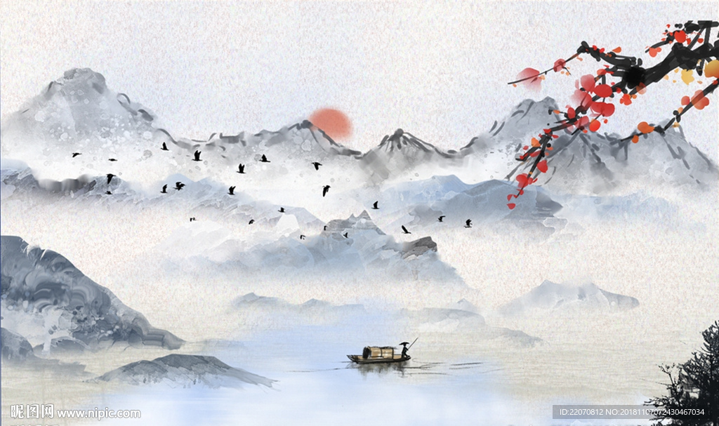 水墨意境山水画背景墙