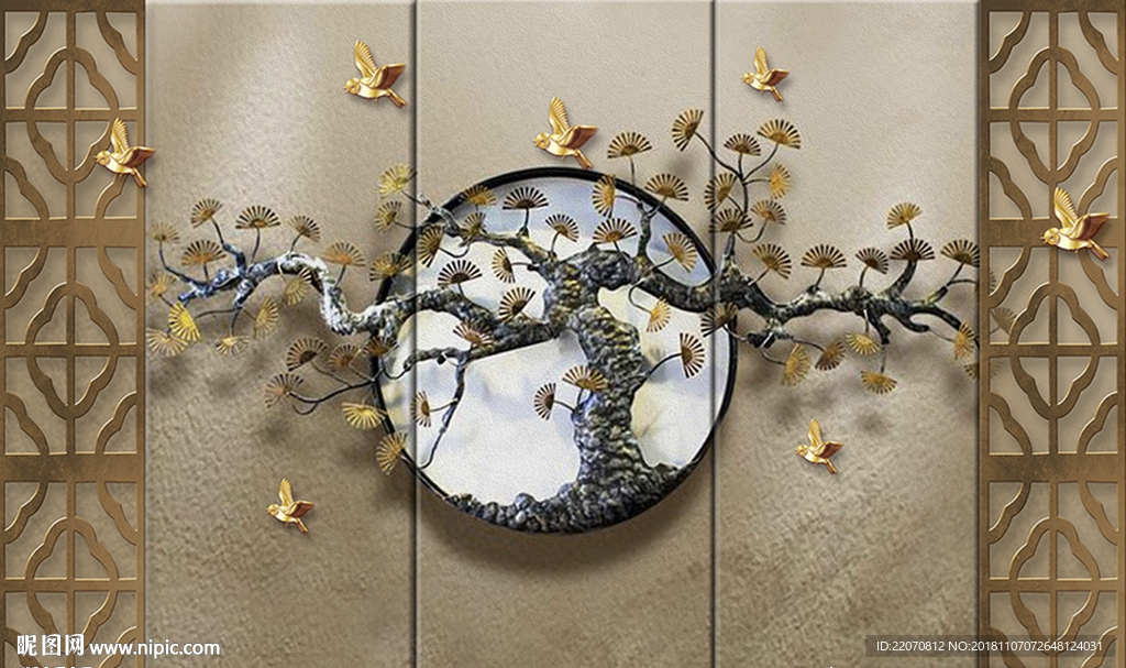 中式浮雕立体木纹背景墙