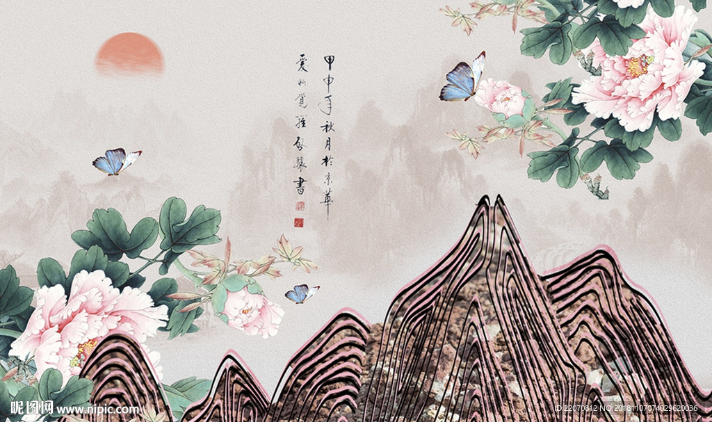 创意线条山峦牡丹装饰背景墙