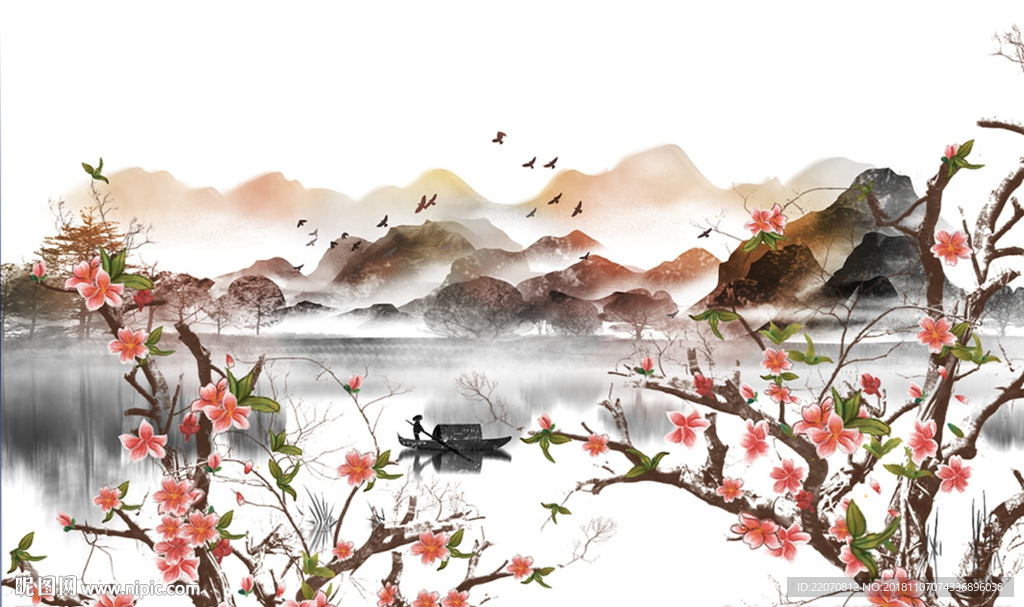 创意温馨花枝山水背景墙