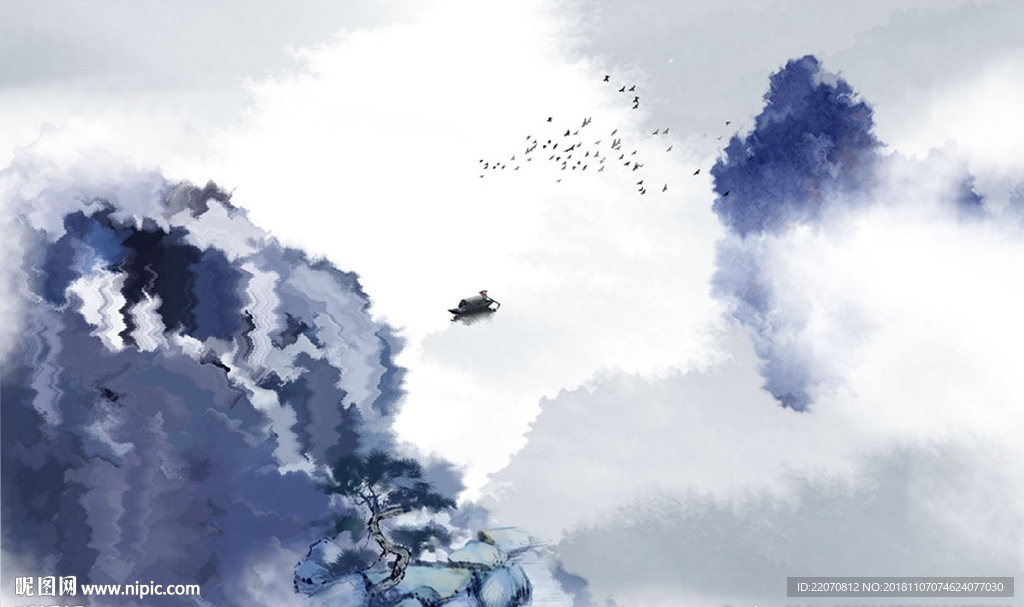 中式创意水墨山水壁画背景墙