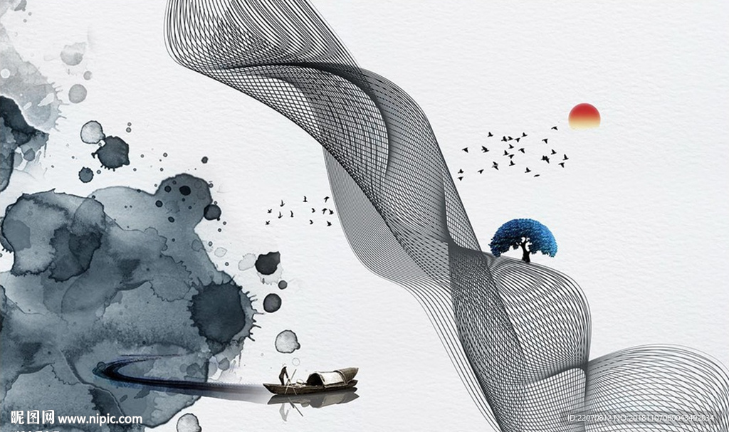抽象水墨线条飞鸟游船背景墙