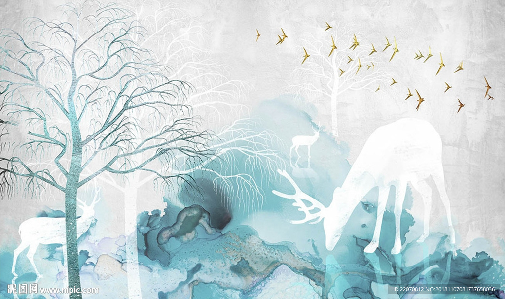 简约水彩丛林麋鹿背景墙