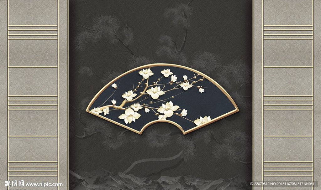 玉兰花花枝中式松树背景墙