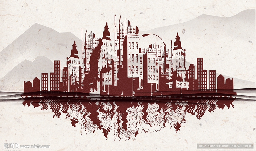 创意城市城市倒影背景墙