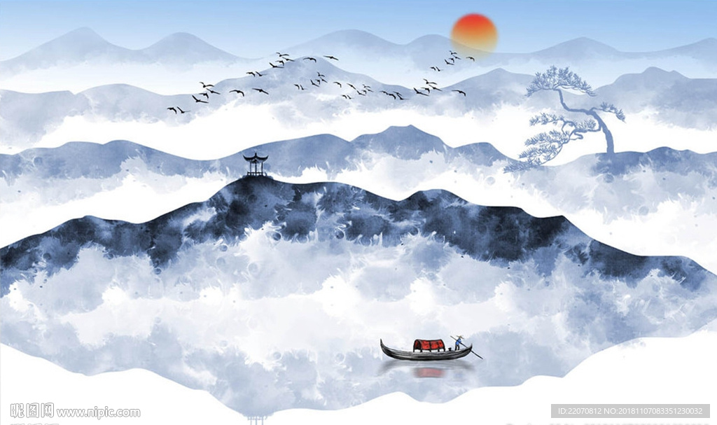 唯美蓝色抽象水墨山水背景墙