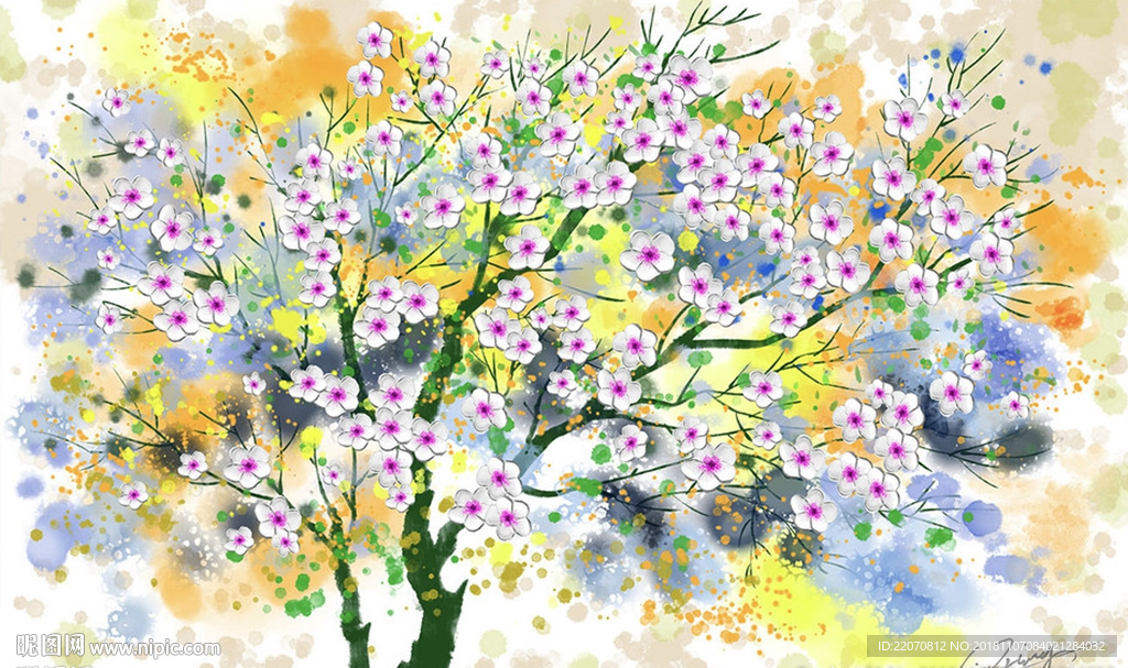 手绘发财树油画背景墙