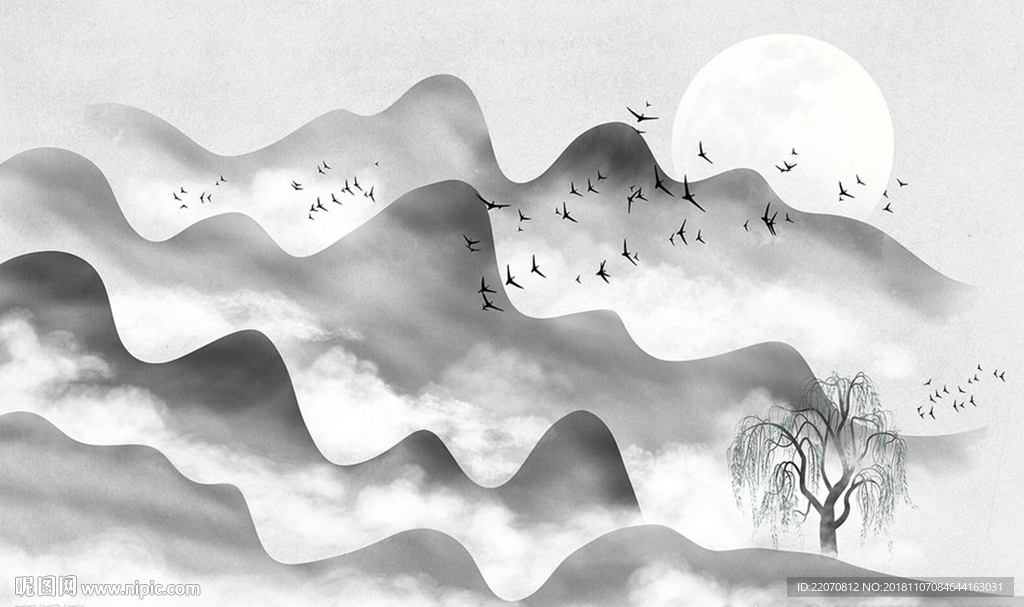 水墨意境淡雅山水背景墙