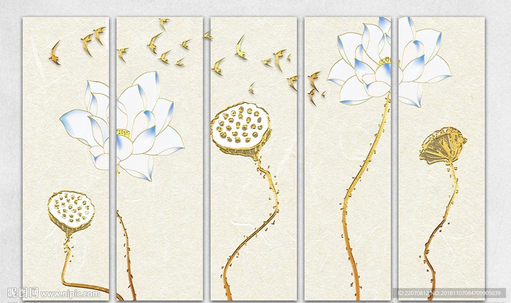 荷花手绘金色质感背景墙