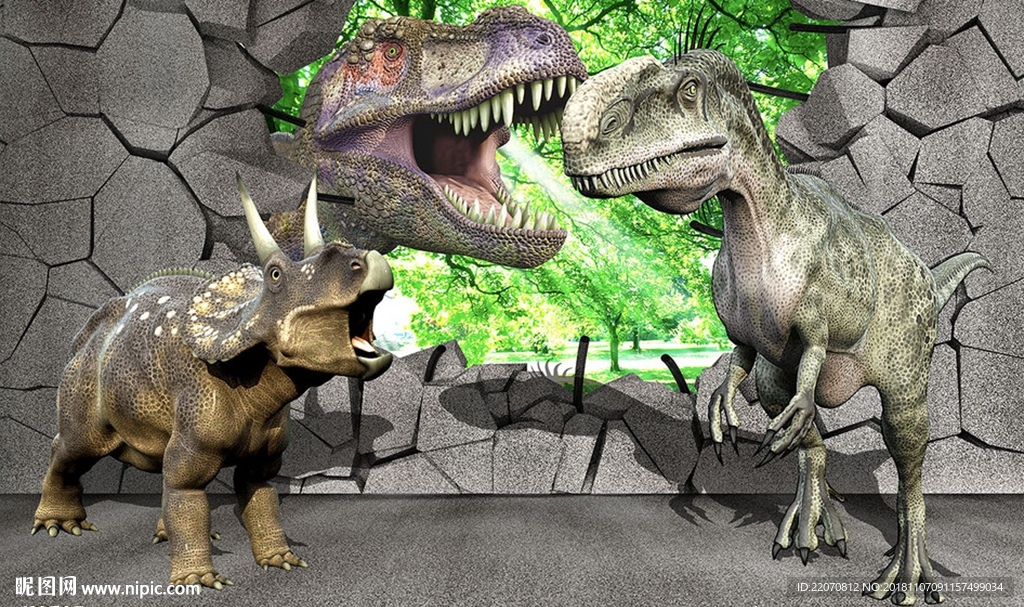 逼真恐龙破墙立体背景墙