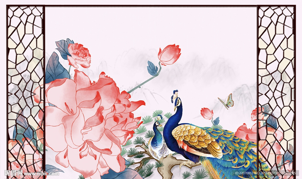 中式牡丹孔雀鸟语花香背景墙