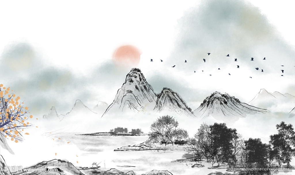 中式清新淡雅山水风景背景墙