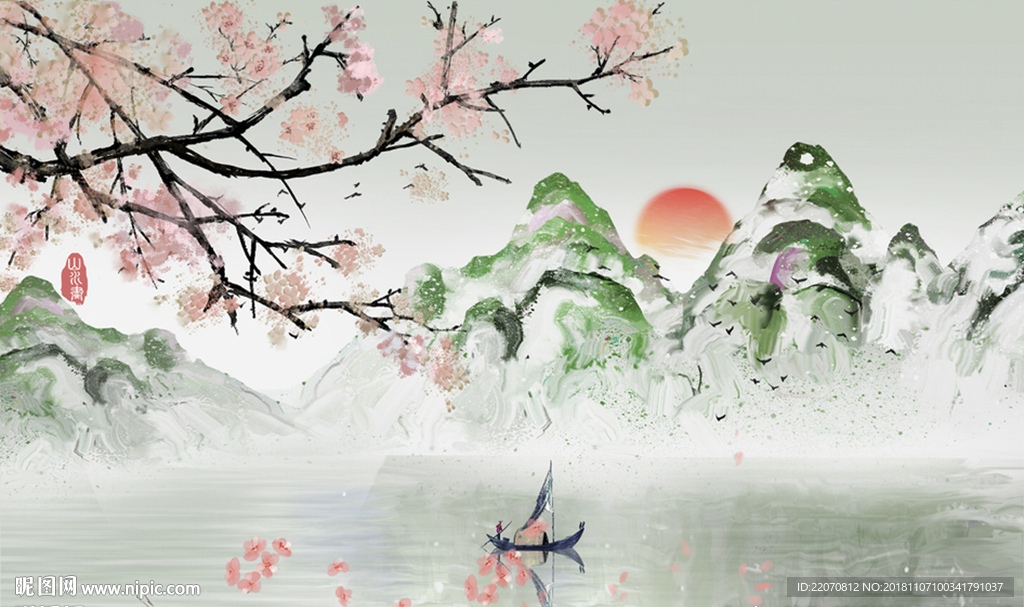 中式清新花枝山水倒影背景墙