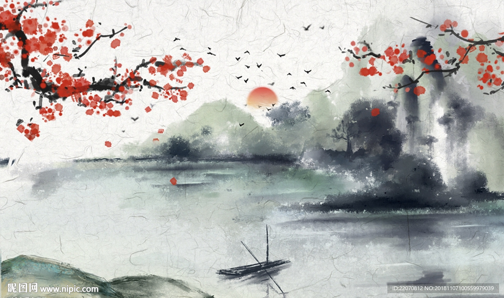 花枝意境水墨山水画背景墙