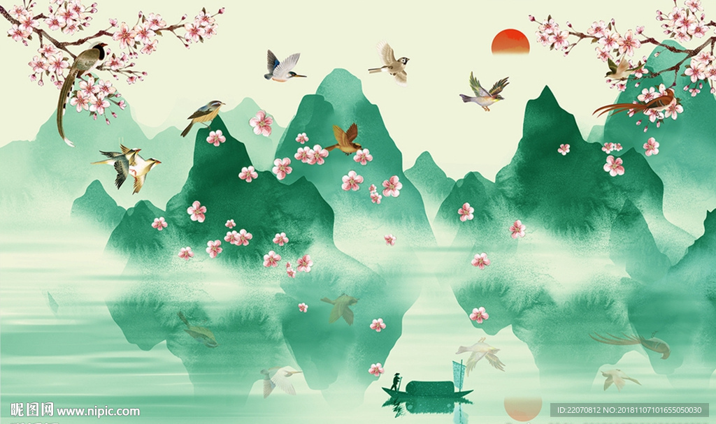 中式山水鸟群背景墙