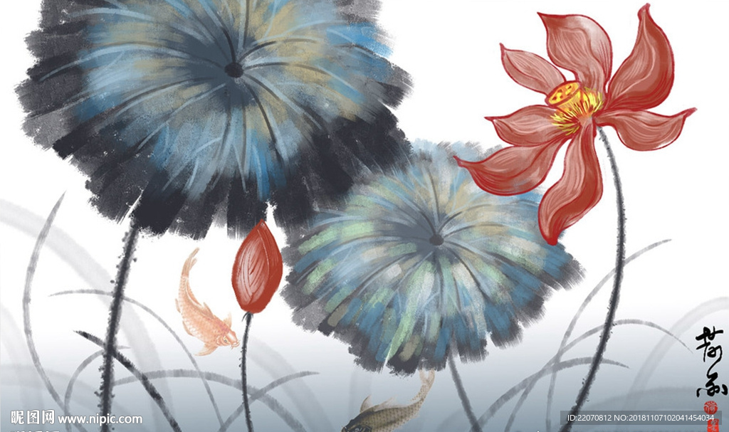 中式手绘水墨荷花背景墙