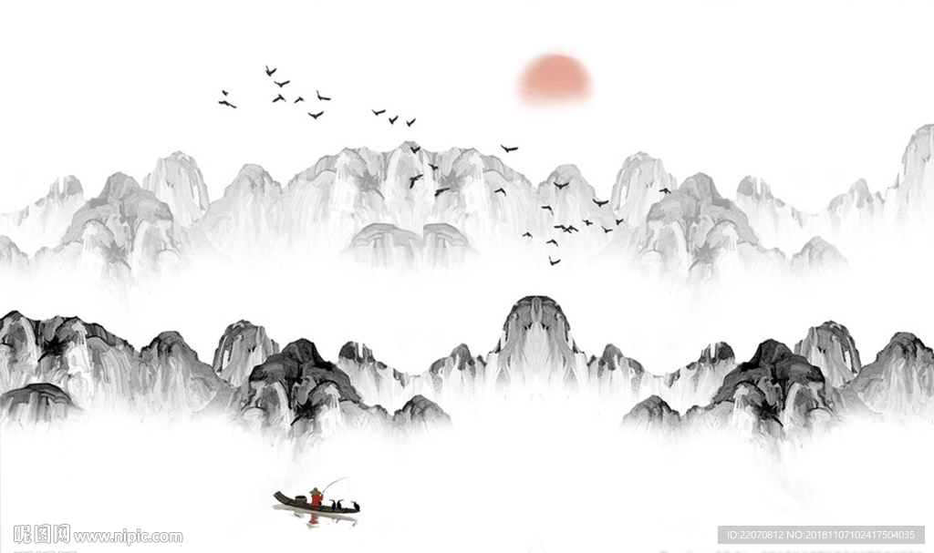 水墨创意山水飞鸟壁画背景墙