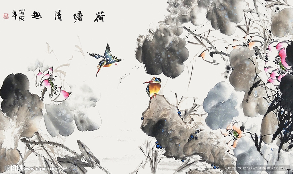 水墨手绘花鸟荷塘清韵背景墙