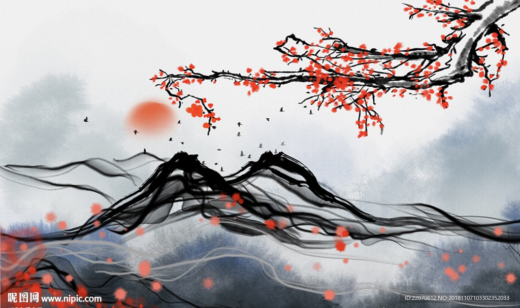 水墨意境禅意山水花枝背景墙