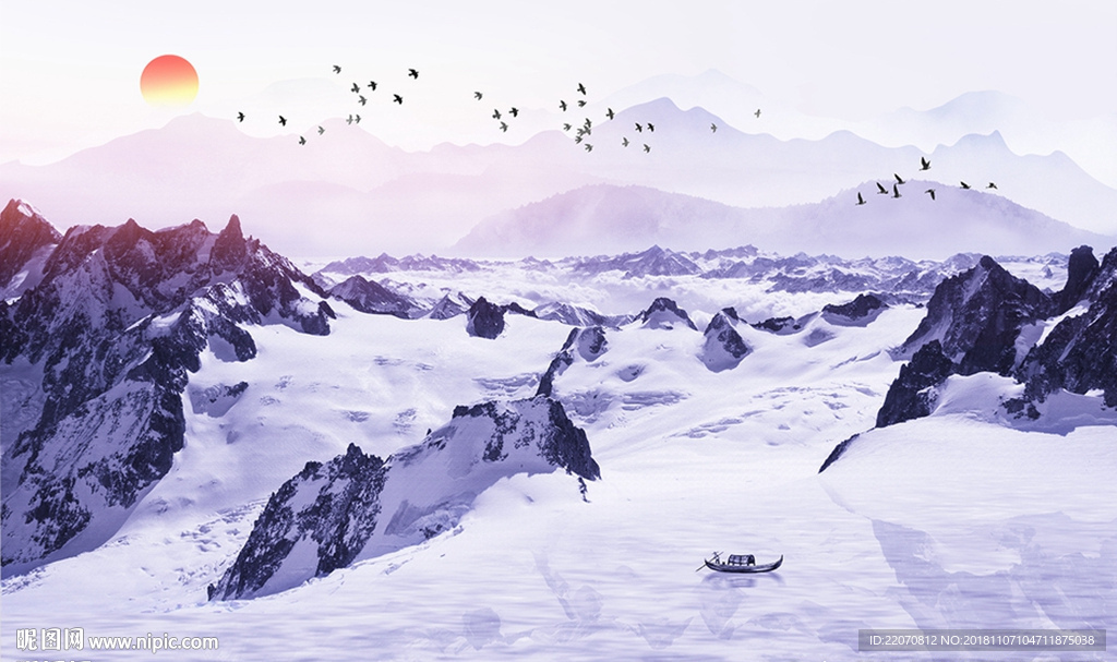 唯美意境山水风景飞鸟背景墙