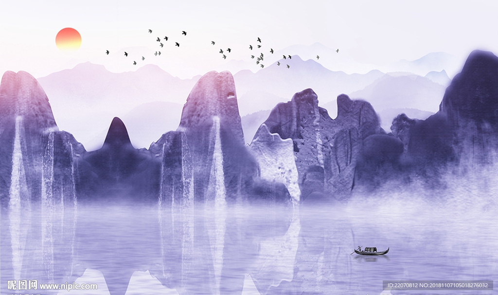 意境水墨山水风景飞鸟背景墙