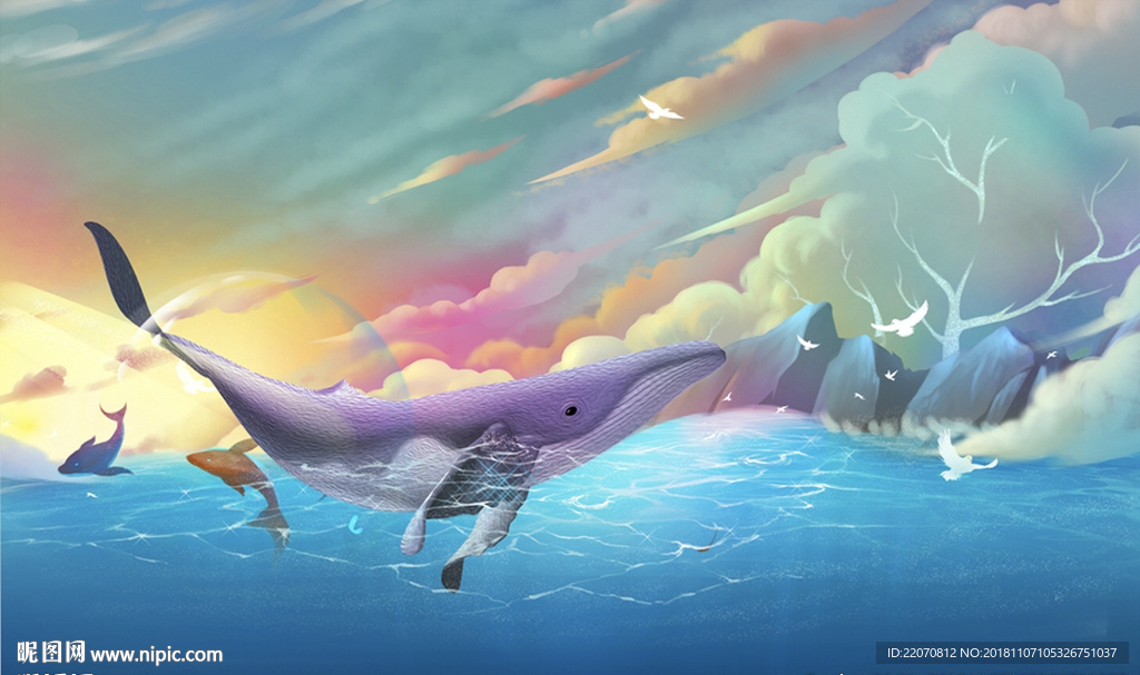 中式炫彩海豚风景背景墙