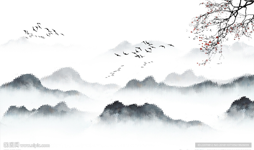 意境清新山水飞鸟背景墙