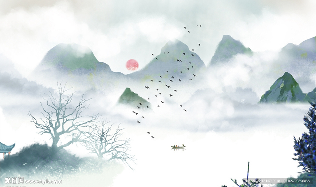 意境水墨山水壁画背景墙