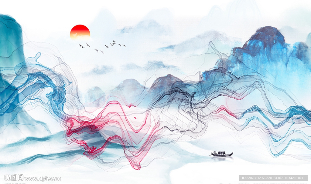 中国风彩色山水风景装饰画