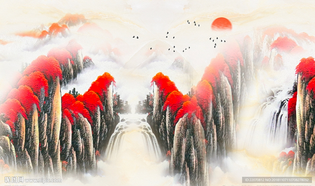 中国风红花河流油画背景墙