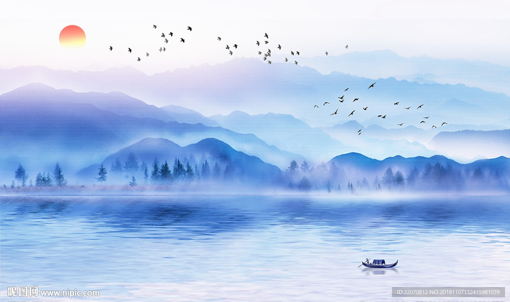 山水风景唯美意境水墨背景墙