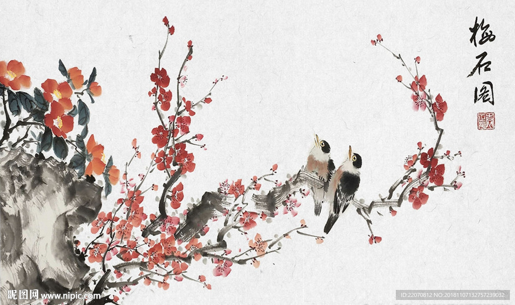 中国风手绘花鸟梅花背景墙