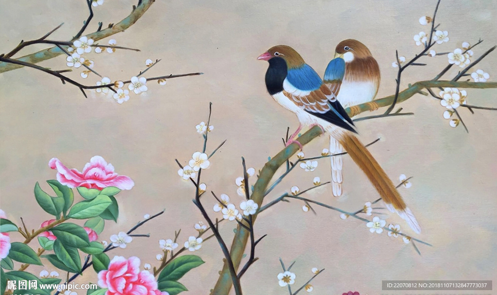 中国风手绘花鸟油画背景墙