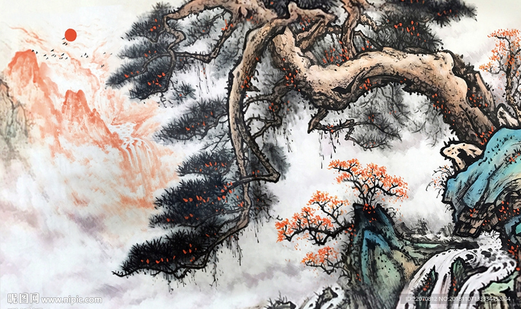 中国风手绘水墨山水松树背景墙