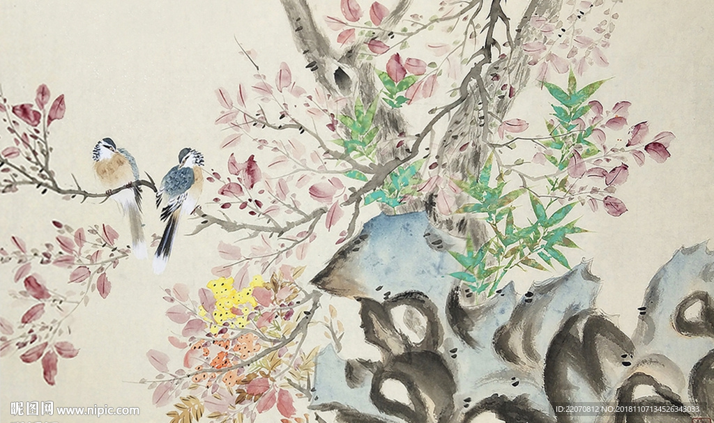 水墨手绘花鸟秋韵背景墙
