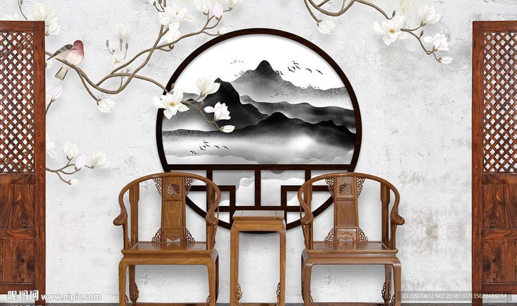 山水花鸟古风影楼背景墙