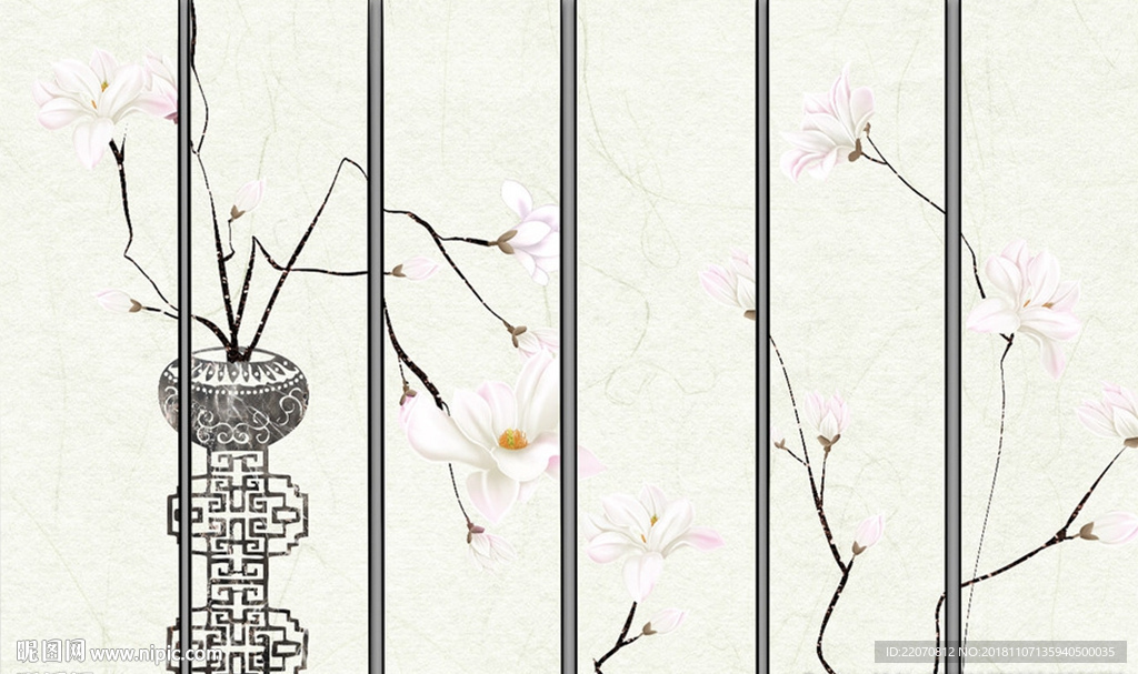 中式手绘花卉淡雅背景墙