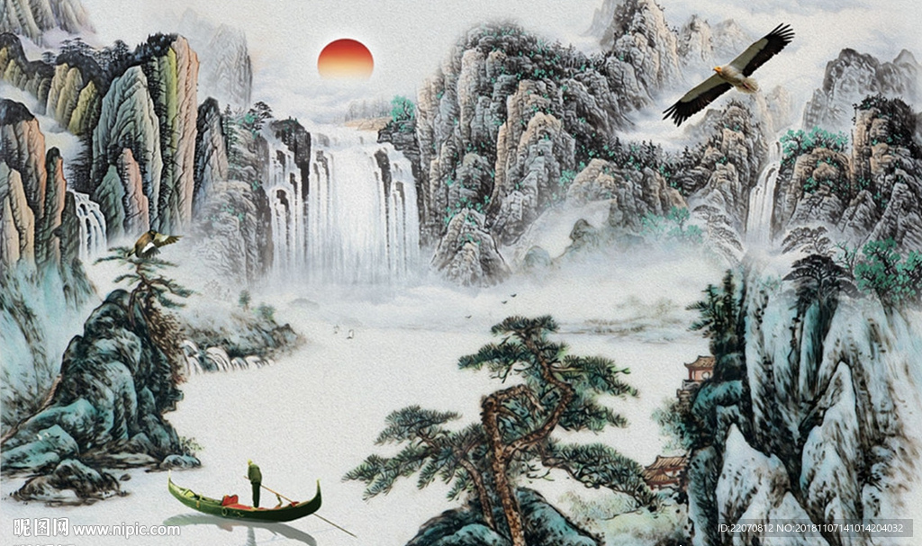 抽象水墨山水飞鸟背景墙