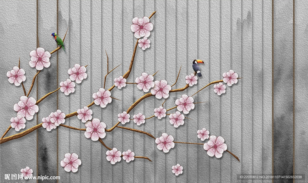意境水墨粉色梅花花枝鸟背景墙