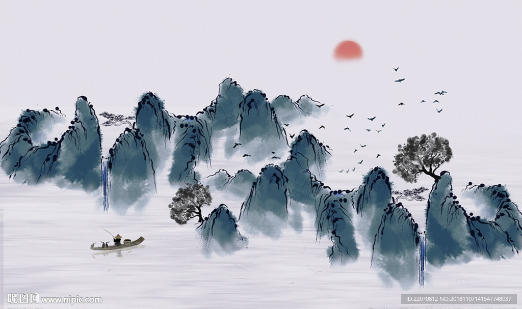 中式意境水墨蓝色山水背景墙