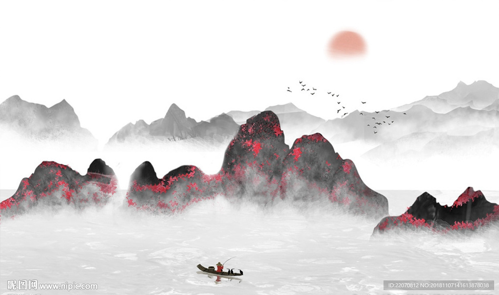 中式意境水墨山水飞鸟船背景墙